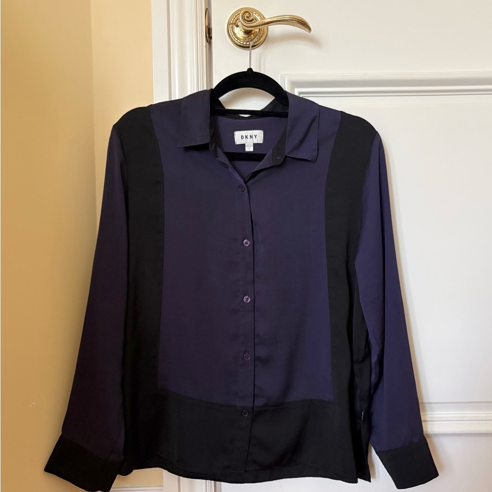DKNY Black and Purple Button-Up Blouse Shirt Size S